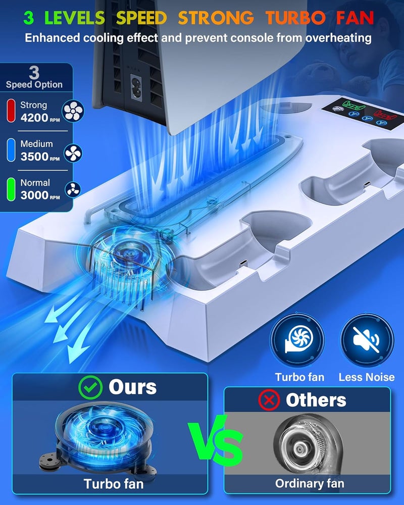 JAVRUNWOF محطة تبريد PS5/سليم/برو مع محطة شحن وحدة التحكم لجهاز بلاي ستيشن 5 سليم/برو، قاعدة تبريد PS5 ملحقات تبريد تشمل مروحة تبريد، 3 مراكز USB، حامل سماعة، برغي - أبيض - Image 2
